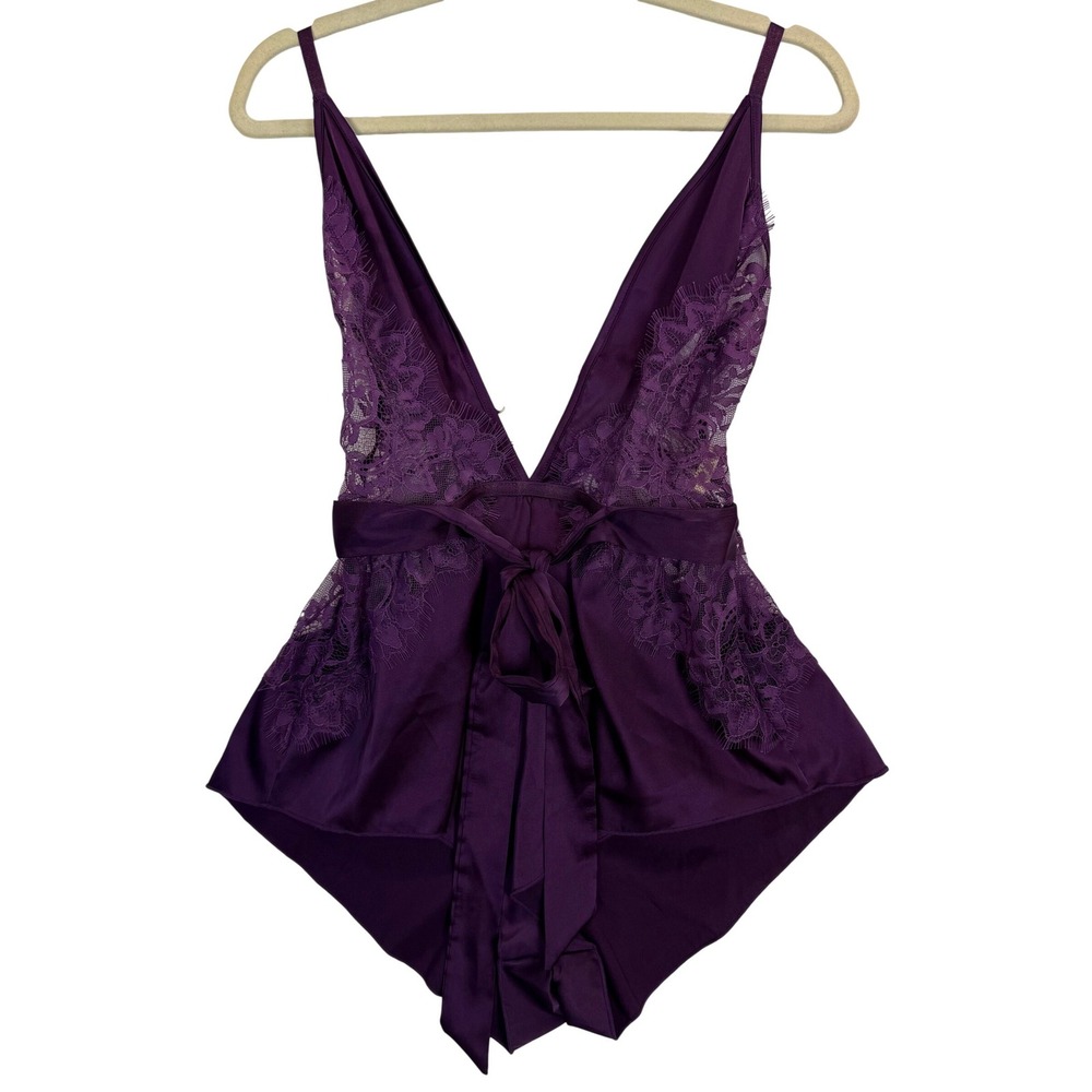 Roma Confidential Lace Inset Satin Teddy Romper-Style Adjustable Straps Sz S/M